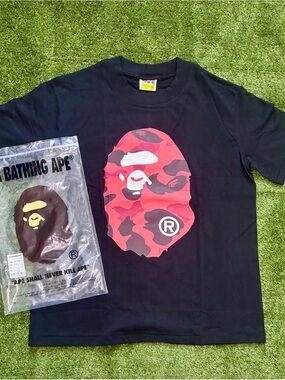 Bape Black Tee with Red Camo Ape Head Graphic